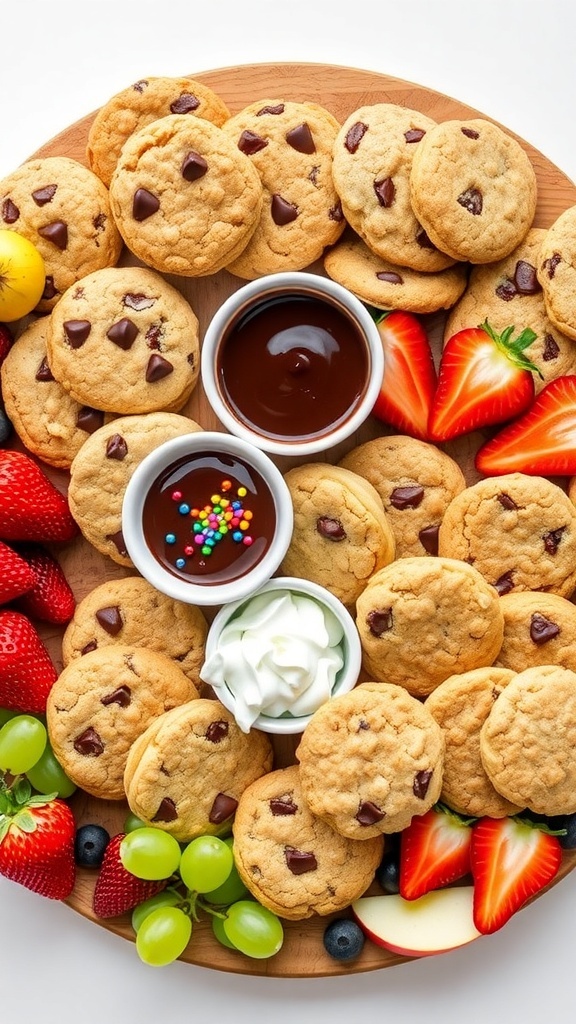 Delicious Cookie Charcuterie Board Recipe A colorful cookie charcuterie board with assorted cookies, fruits, and dips.